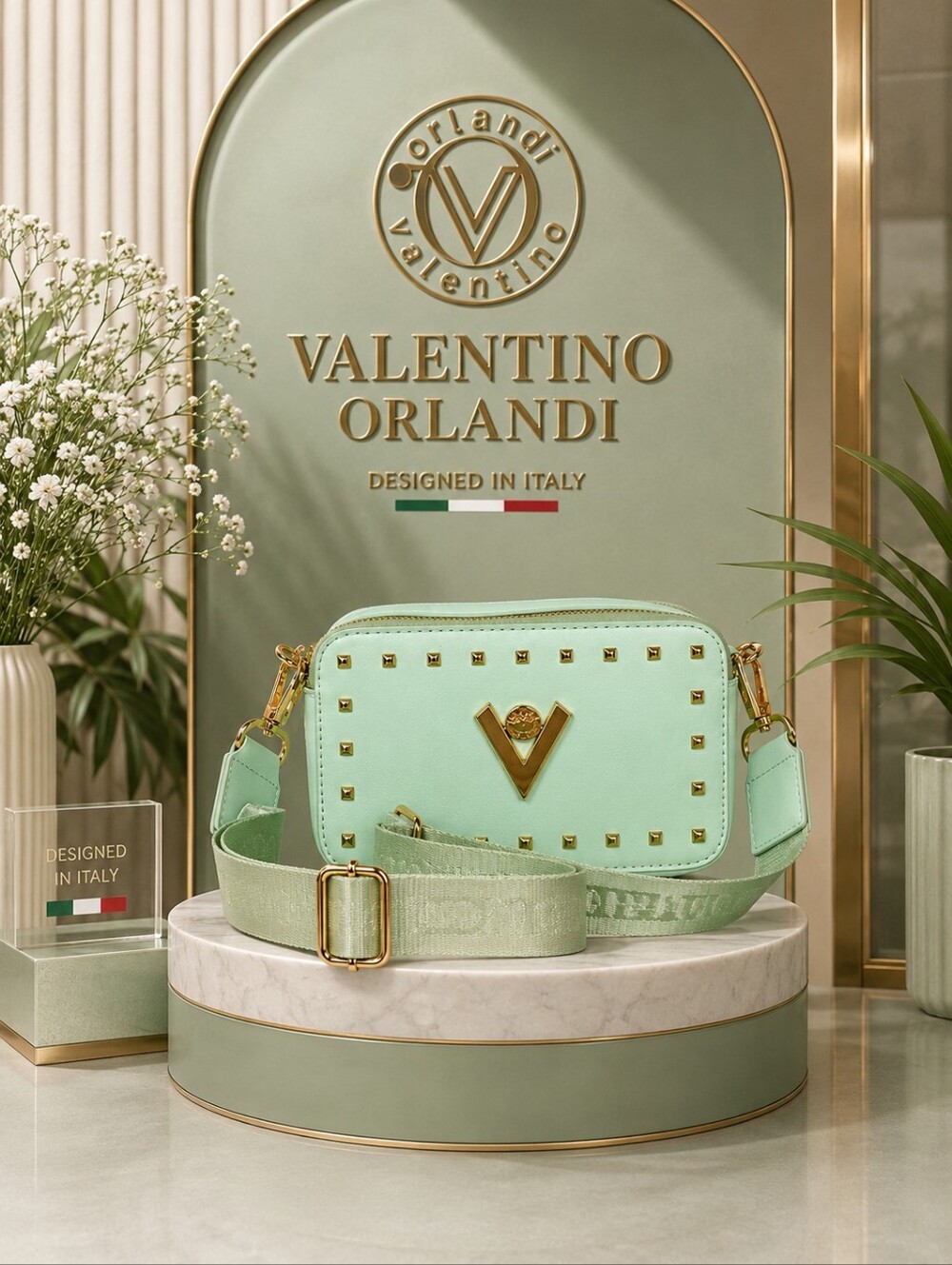 Valentino Orlandi Studded Crossbody Camera Bag- Mint Green- Style # V-3003